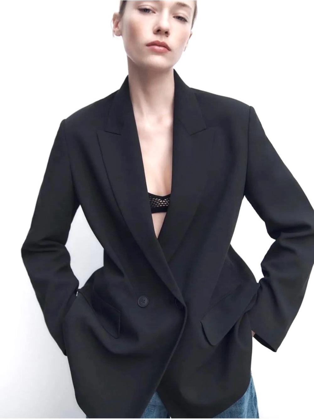 Zara Sz M Black Double-Breasted Oversized Tailored Blazer 1255/995/800/M